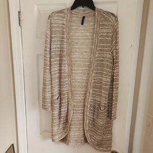 White & Beige Office Career Striped Cardigan